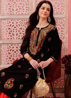 hand embroidered black cotton lucknowi chikankari straight kurta 6