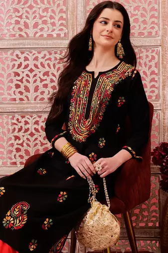 hand embroidered black cotton lucknowi chikankari straight kurta