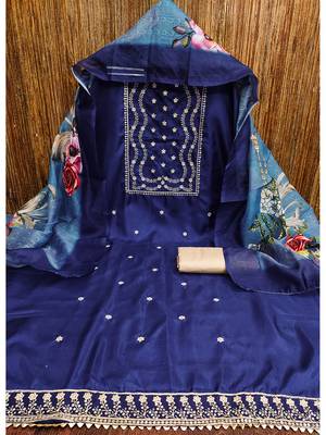 Navy blue jalpari cotton embroidered suit set with floral chanderi dupatta 2