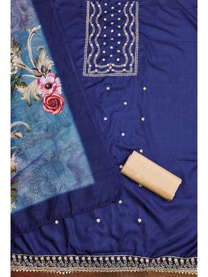 Navy blue jalpari cotton embroidered suit set with floral chanderi dupatta 3