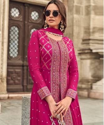 Pink viscose georgette heavy embroidery wedding gown-full stitched free size upto 44 1