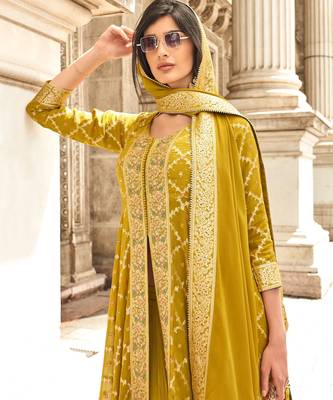 Yellow viscose georgette heavy embroidery wedding gowns-full stitched free size upto 44 1