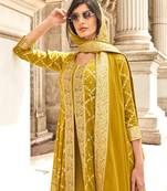 Yellow viscose georgette heavy embroidery wedding gowns-full stitched free size upto 44