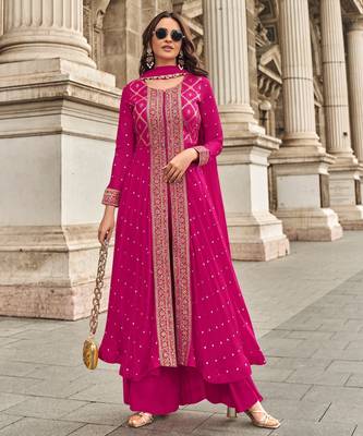 Pink viscose georgette heavy embroidery wedding gown-full stitched free size upto 44 2
