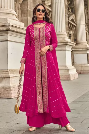 Pink viscose georgette heavy embroidery wedding gown-full stitched free size upto 44