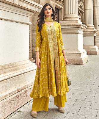 Yellow viscose georgette heavy embroidery wedding gowns-full stitched free size upto 44 2