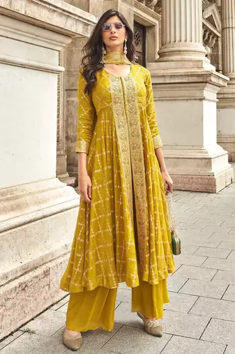 Yellow viscose georgette heavy embroidery wedding gowns-full stitched free size upto 44