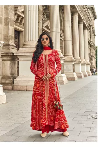 Red and Orange viscose georgette heavy embroidery wedding gowns-full stitched free size upto 44