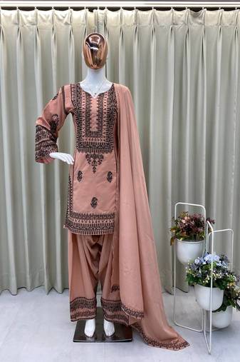 Peach Sequins Embroidery Silk Salwar Suit