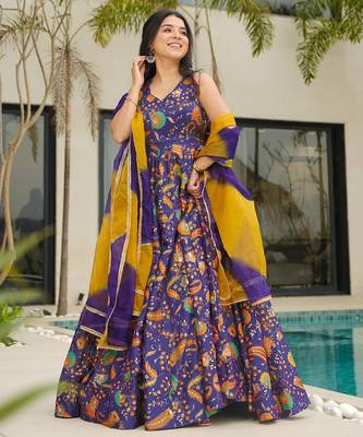 Purple color ceremonial wear stylish gown with dupatta for looks 1