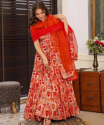 Rust color ceremonial wear stylish gown with dupatta for looks 2