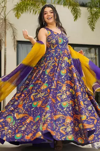 Purple color ceremonial wear stylish gown with dupatta for looks