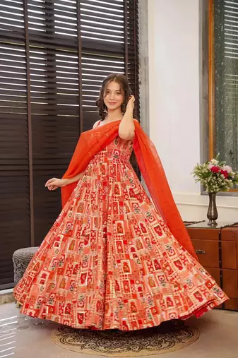 Rust color ceremonial wear stylish gown with dupatta for looks