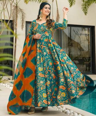 Rama color ceremonial wear stylish gown with dupatta for looks 3