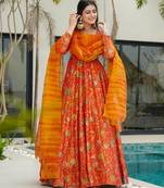 Orange color ceremonial wear stylish girlie gown with dupatta for ethnic looks