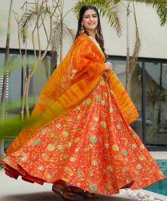 Orange color ceremonial wear stylish gown with dupatta for looks 2