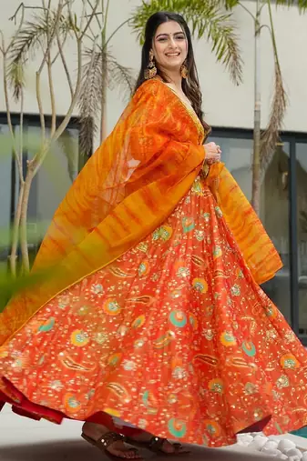 Orange color ceremonial wear stylish girlie gown with dupatta for ethnic looks