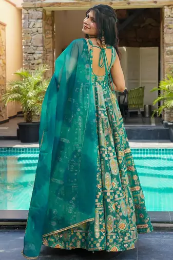 Sea green color ceremonial wear stylish gown with dupatta for looks