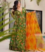 Mahendi color ceremonial wear stylish girlie gown with dupatta for ethnic looks
