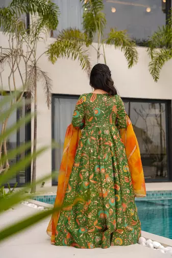 Mahendi color ceremonial wear stylish gown with dupatta for looks