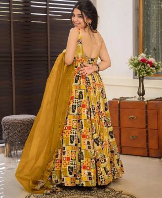 Olive color ceremonial wear stylish gown with dupatta for looks 2