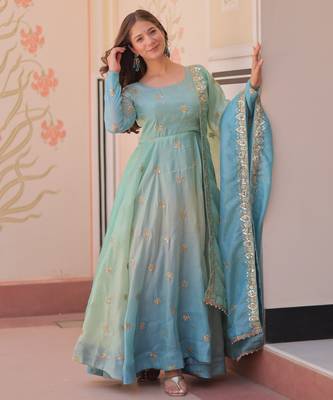 Sky blue color gold organza fabric designer partywear gown with dupatta for traditional rich looks 1