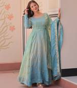 Sky blue color gold organza fabric designer partywear gown with dupatta for traditional rich looks