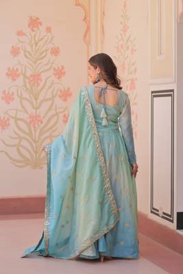 Sky blue color gold organza fabric designer partywear gown with dupatta for traditional rich looks 3