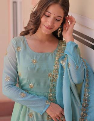 Sky blue color gold organza fabric designer partywear gown with dupatta for traditional rich looks 4