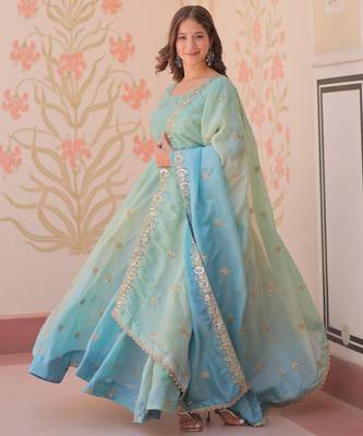 Sky blue color gold organza fabric designer partywear gown with dupatta for traditional rich looks 5