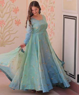 Sky blue color gold organza fabric designer partywear gown with dupatta for traditional rich looks 6