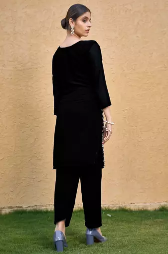 Black color thread embroidery georgette kurti