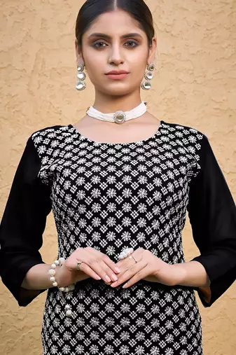 Black color thread embroidery georgette kurti