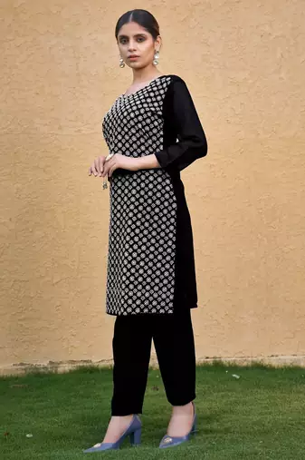 Black color thread embroidery georgette kurti