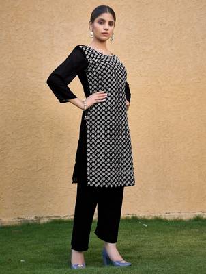 Black color thread embroidery georgette kurti 5
