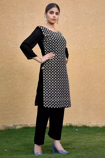 Black color thread embroidery georgette kurti