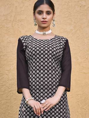 Coffee color thread embroidery georgette kurti 3