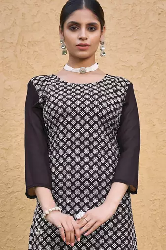 Coffee color thread embroidery georgette kurti