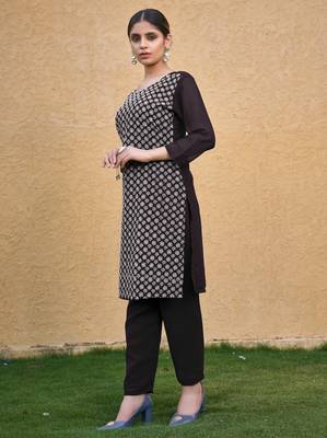 Coffee color thread embroidery georgette kurti 4