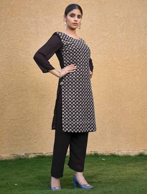 Coffee color thread embroidery georgette kurti 5