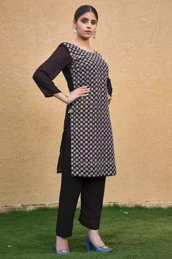 Coffee color thread embroidery georgette kurti