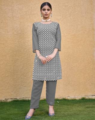 Grey color thread embroidery georgette kurti 1