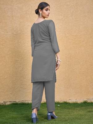 Grey color thread embroidery georgette kurti 2