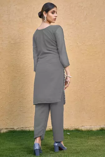 Grey color thread embroidery georgette kurti