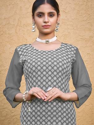 Grey color thread embroidery georgette kurti 3