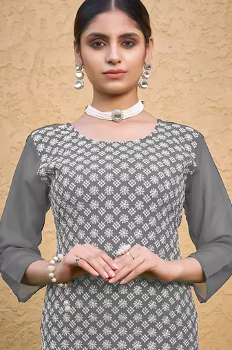 Grey color thread embroidery georgette kurti