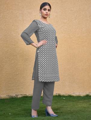Grey color thread embroidery georgette kurti 5