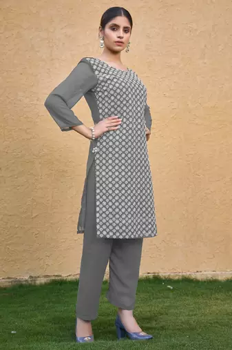 Grey color thread embroidery georgette kurti
