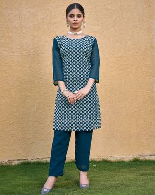 Teal blue color thread embroidery georgette kurti 1