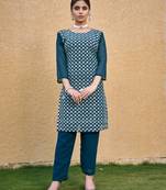 Teal blue color thread embroidery work casual georgette kurti